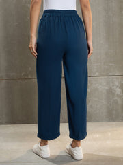 Women Navy Blue Twill Wide Leg Pants-SFPANT51195