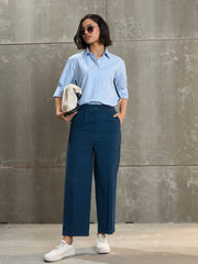 Women Navy Blue Twill Wide Leg Pants-SFPANT51195