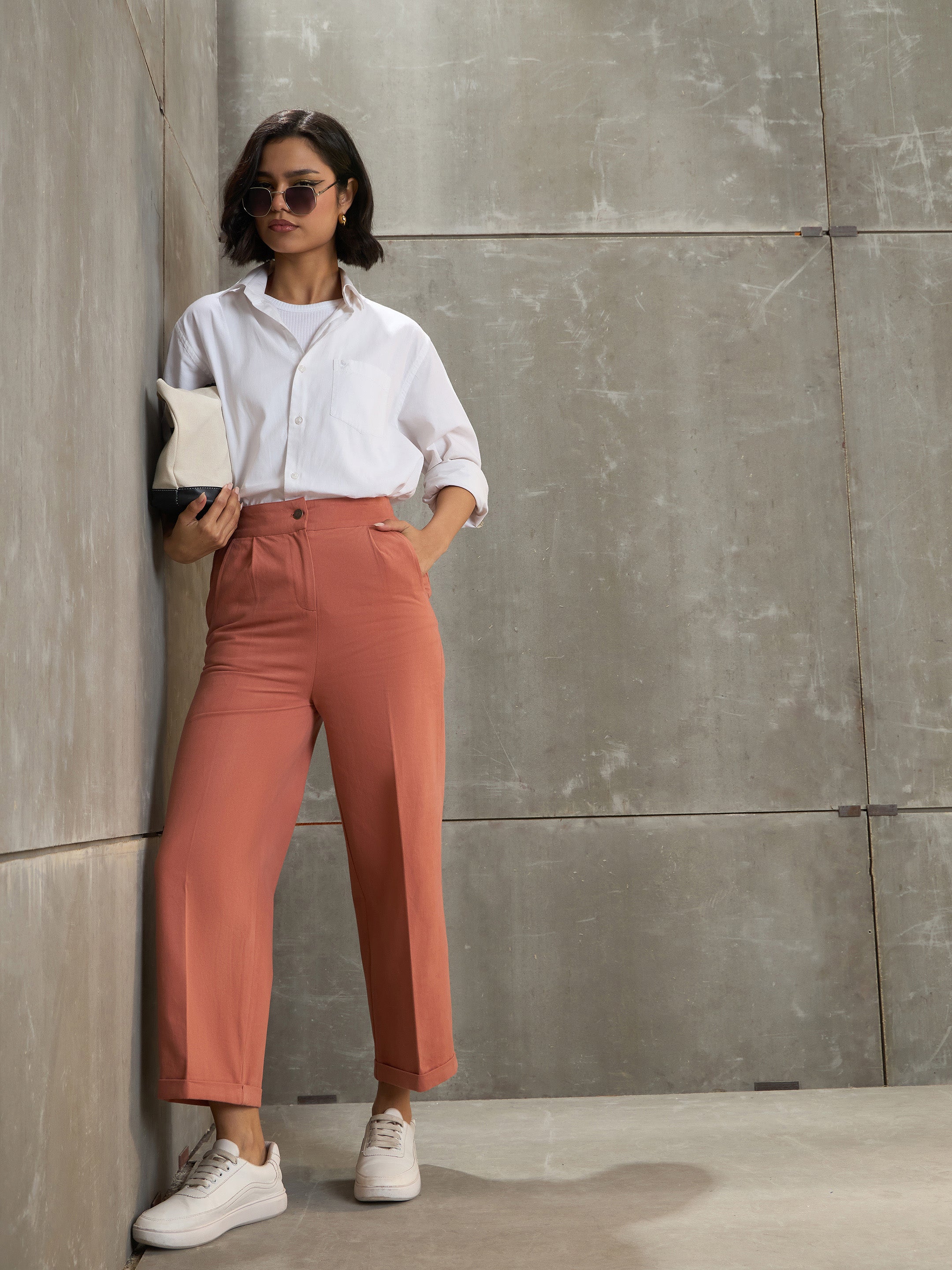 Women Peach Twill Wide Leg Pants-SFPANT51196