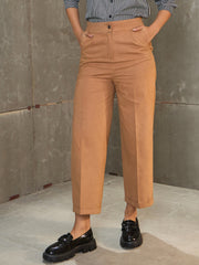 Women Beige Twill Wide Leg Pants-SFPANT51197
