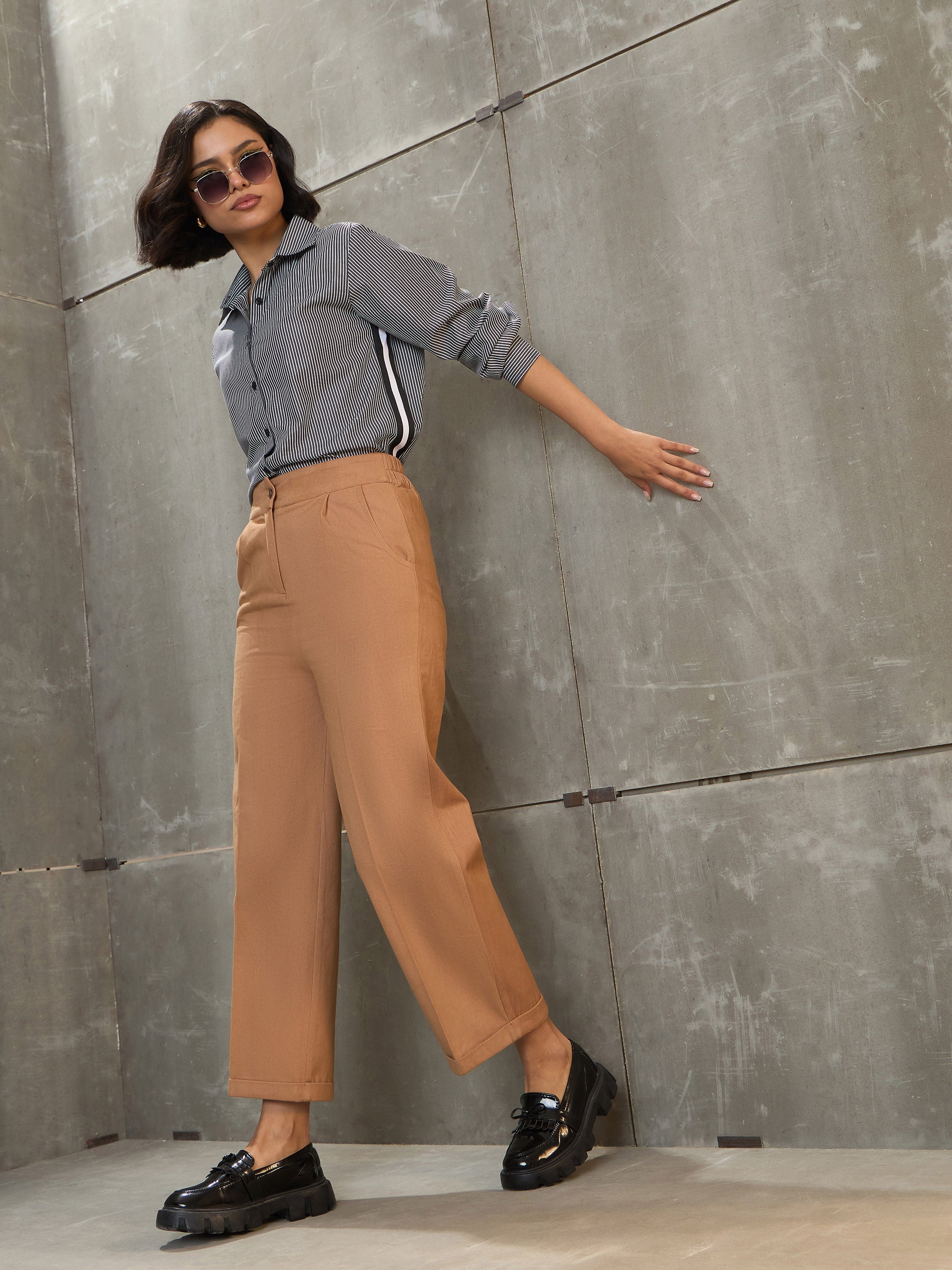Women Beige Twill Wide Leg Pants-SFPANT51197
