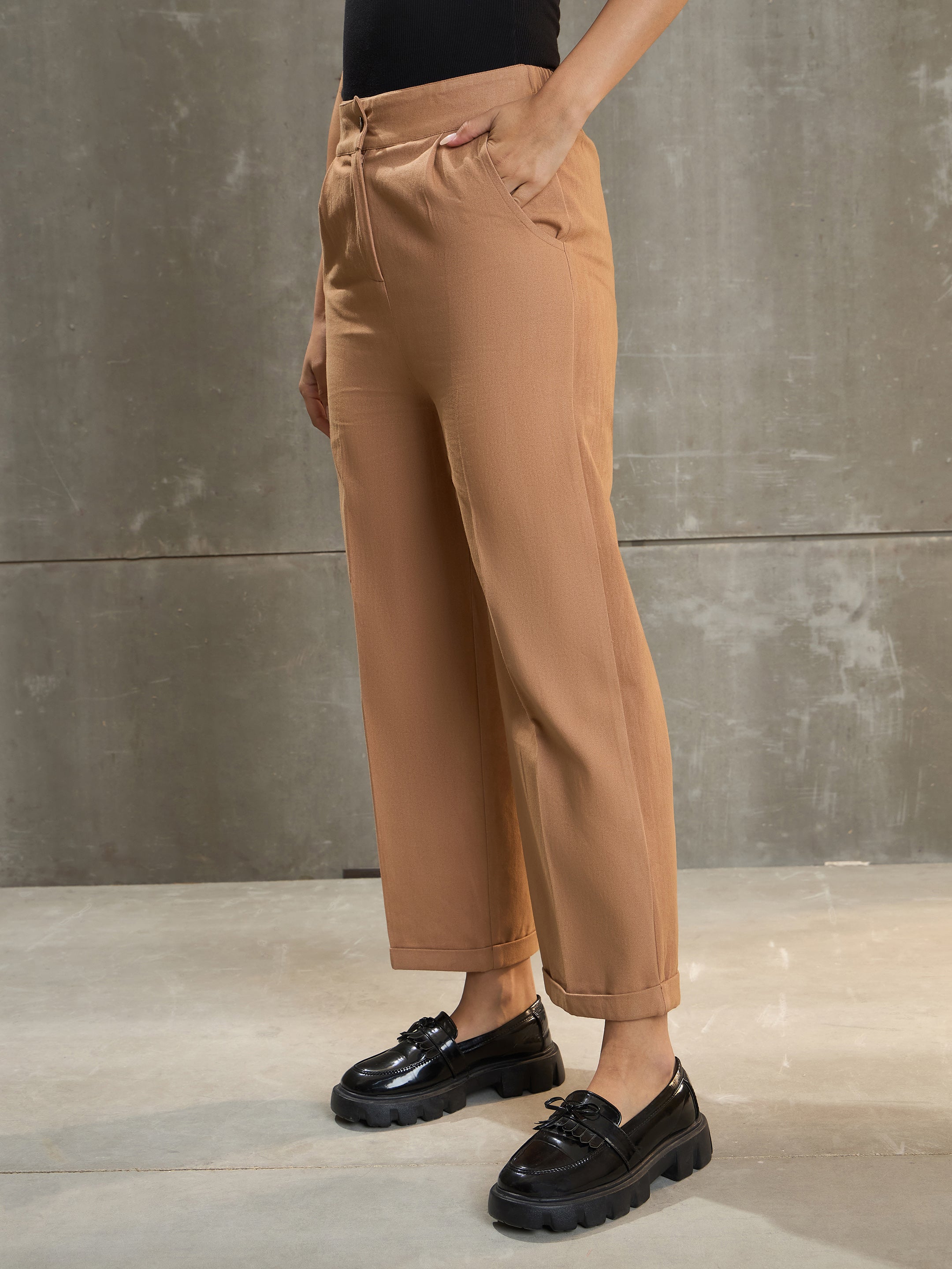 Women Beige Twill Wide Leg Pants-SFPANT51197