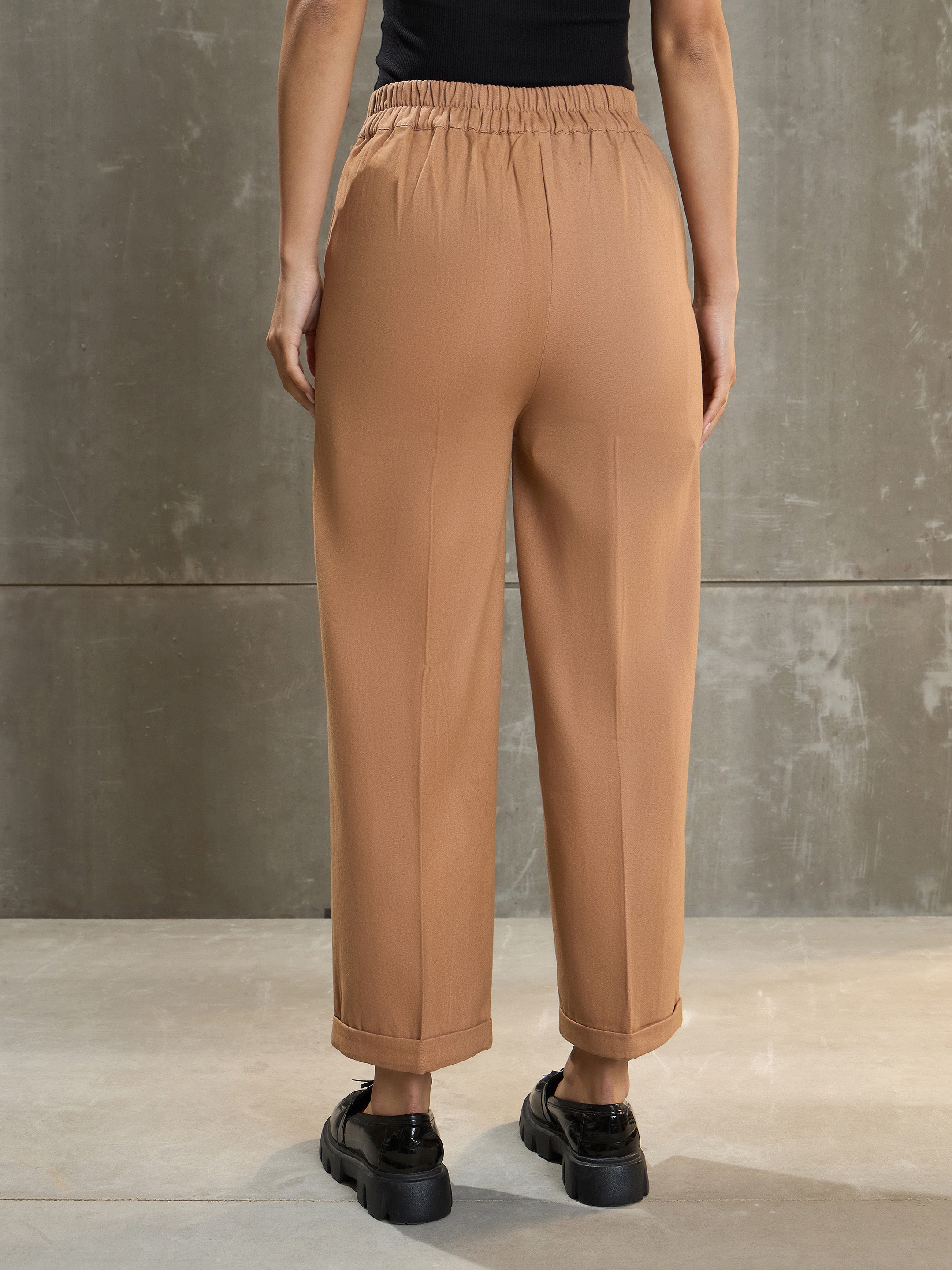 Women Beige Twill Wide Leg Pants-SFPANT51197