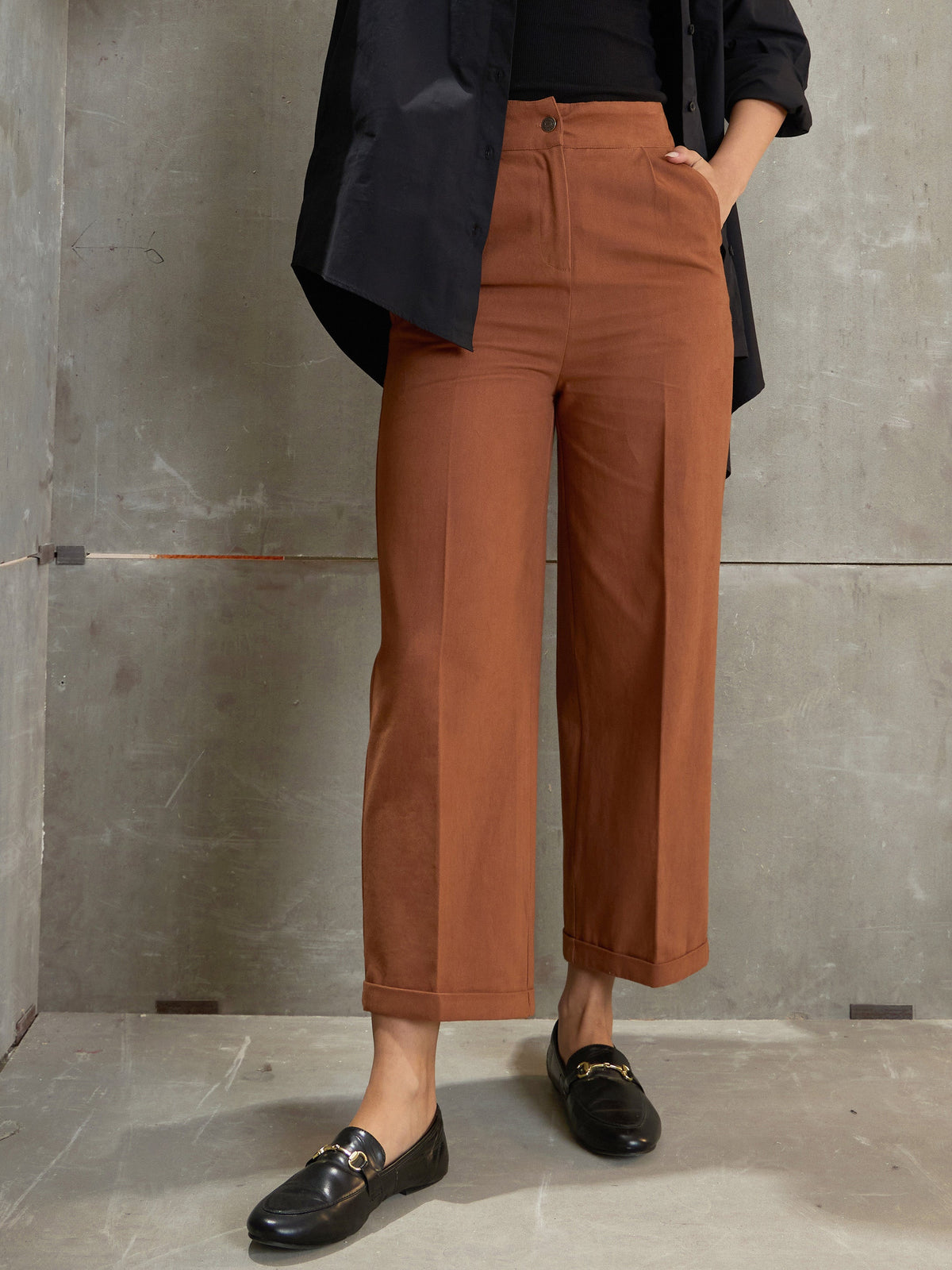Women Brown Twill Wide Leg Pants-SFPANT51198