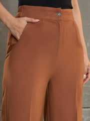 Women Brown Twill Wide Leg Pants-SFPANT51198