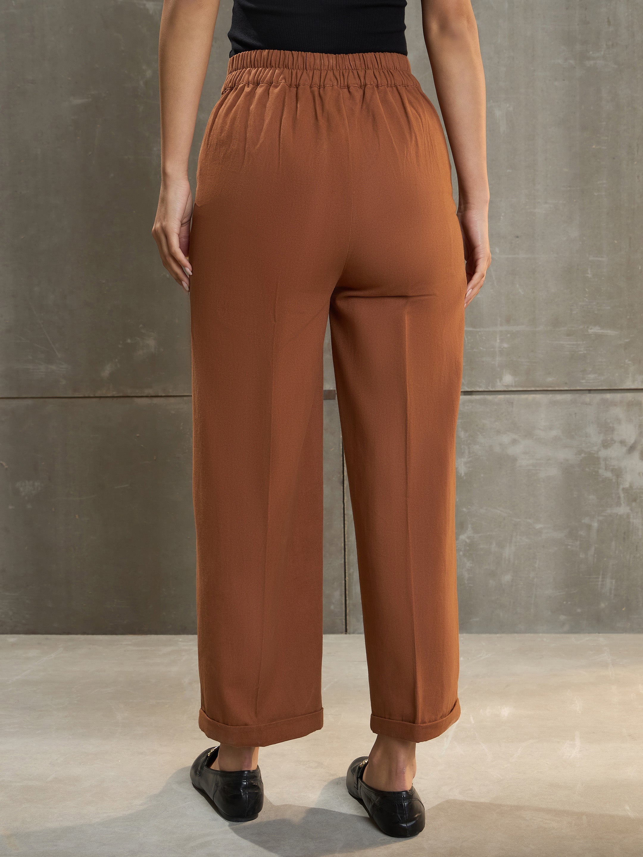 Women Brown Twill Wide Leg Pants-SFPANT51198