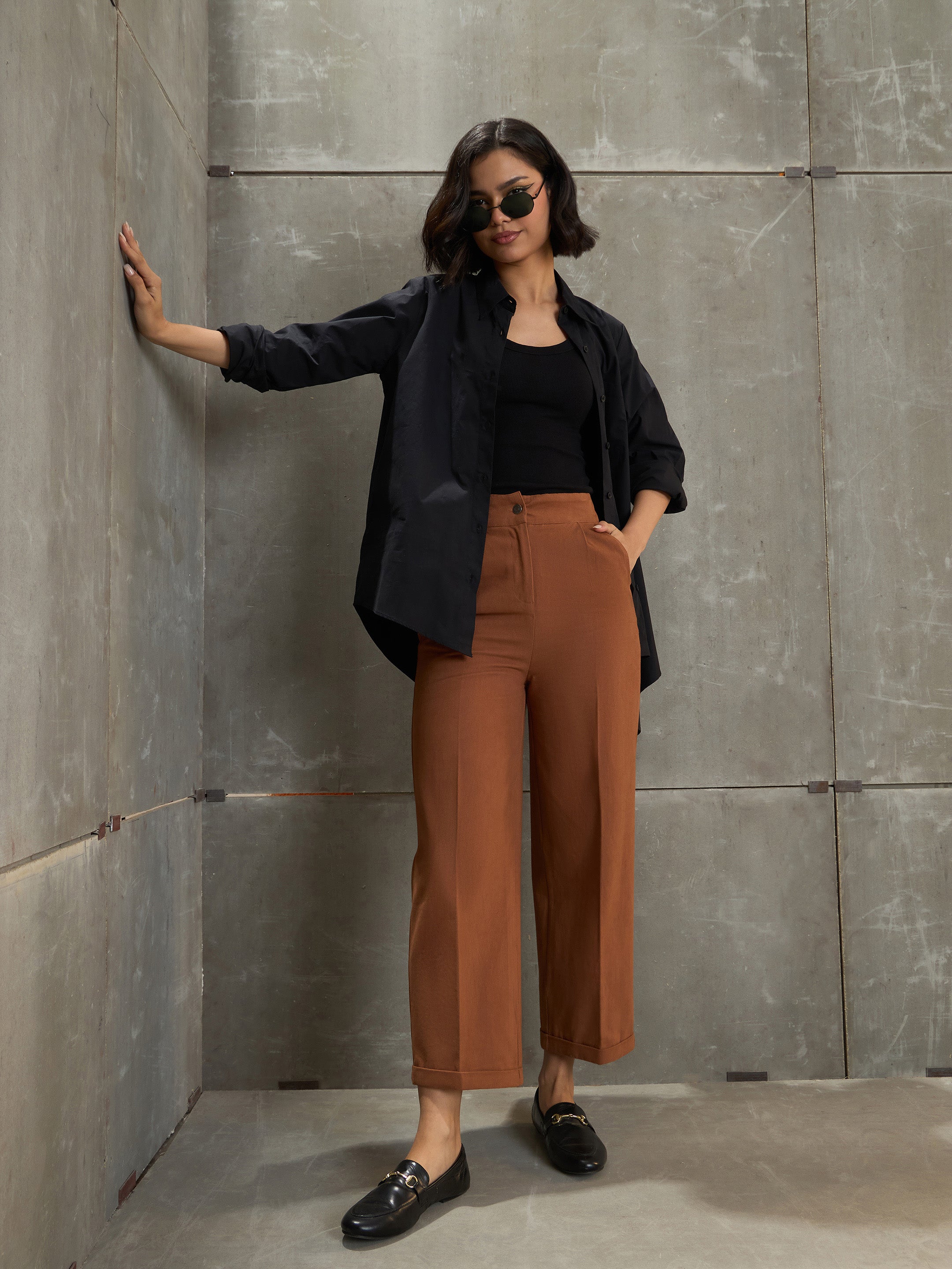 Women Brown Twill Wide Leg Pants-SFPANT51198