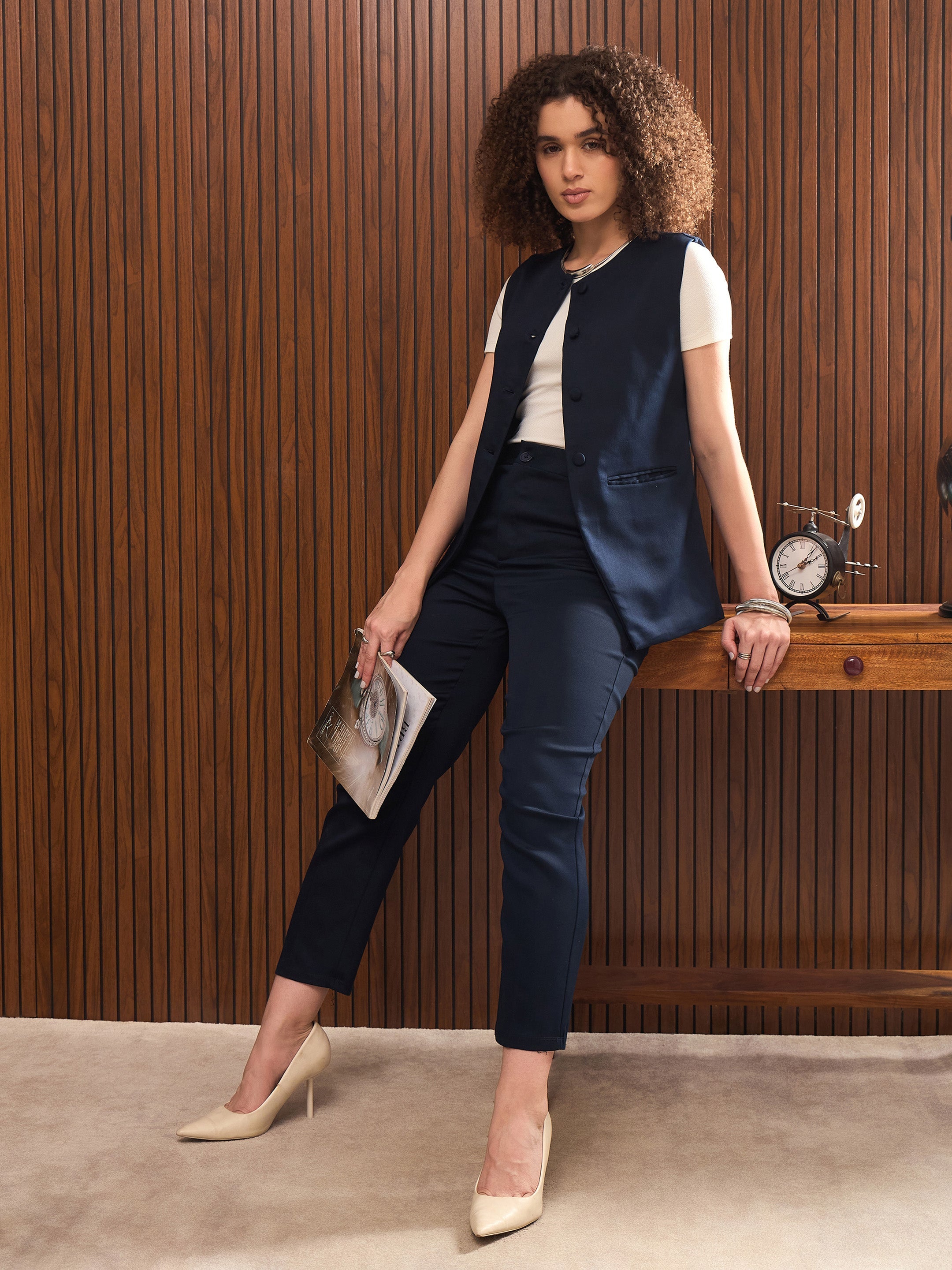Women Navy Cross Pocket Ankle Length Pants-SFPANT51219