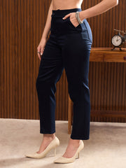 Women Navy Cross Pocket Ankle Length Pants-SFPANT51219