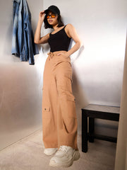 Women Light Brown Twill Drawstring Cargo Pants-SFPANT51240