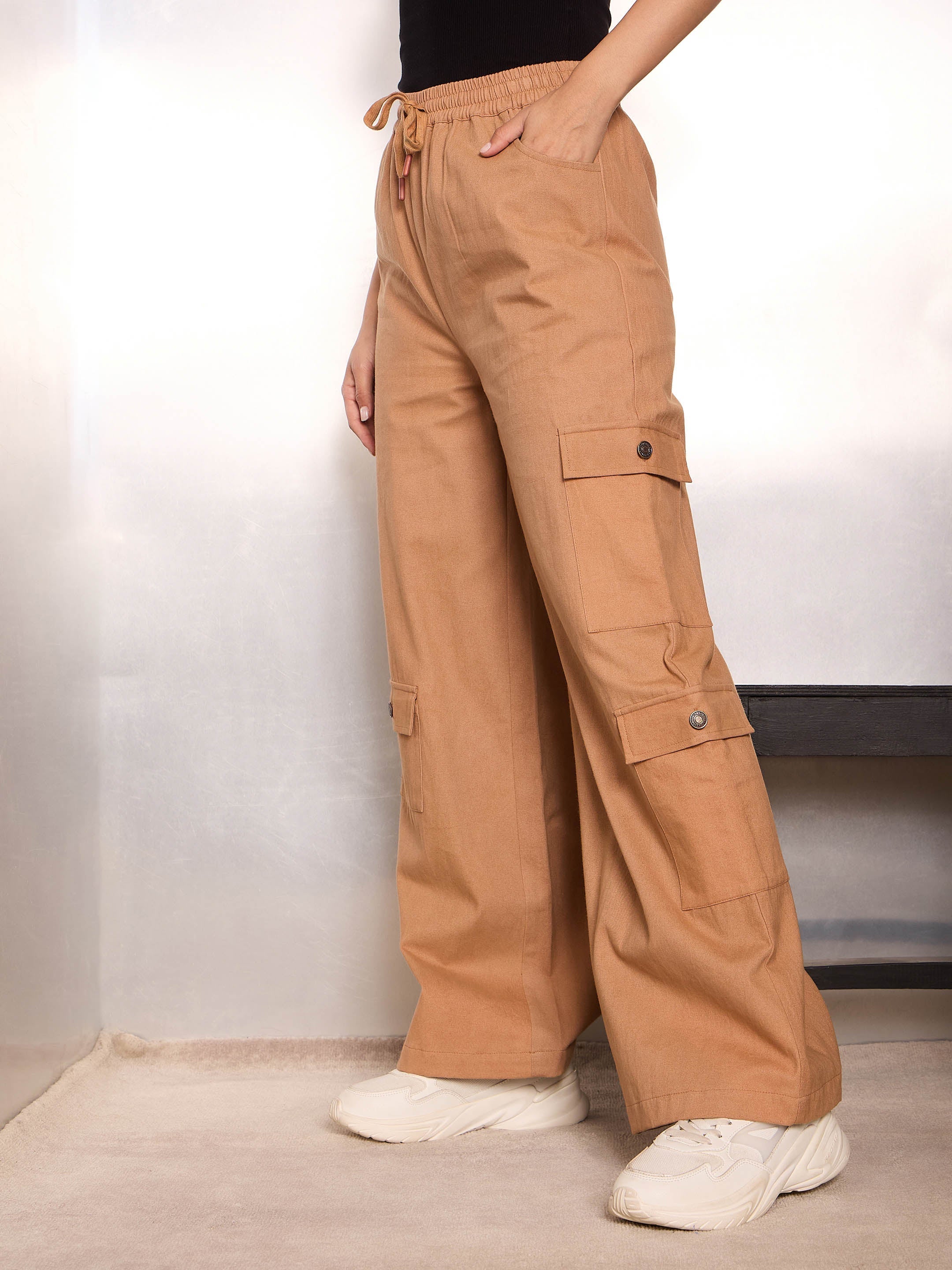 Women Light Brown Twill Drawstring Cargo Pants-SFPANT51240