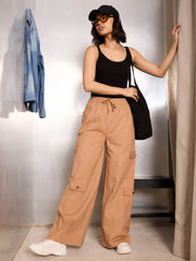 Women Light Brown Twill Drawstring Cargo Pants-SFPANT51240