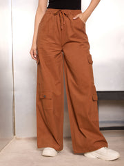 Women Dark Brown Twill Drawstring Cargo Pants-SFPANT51241