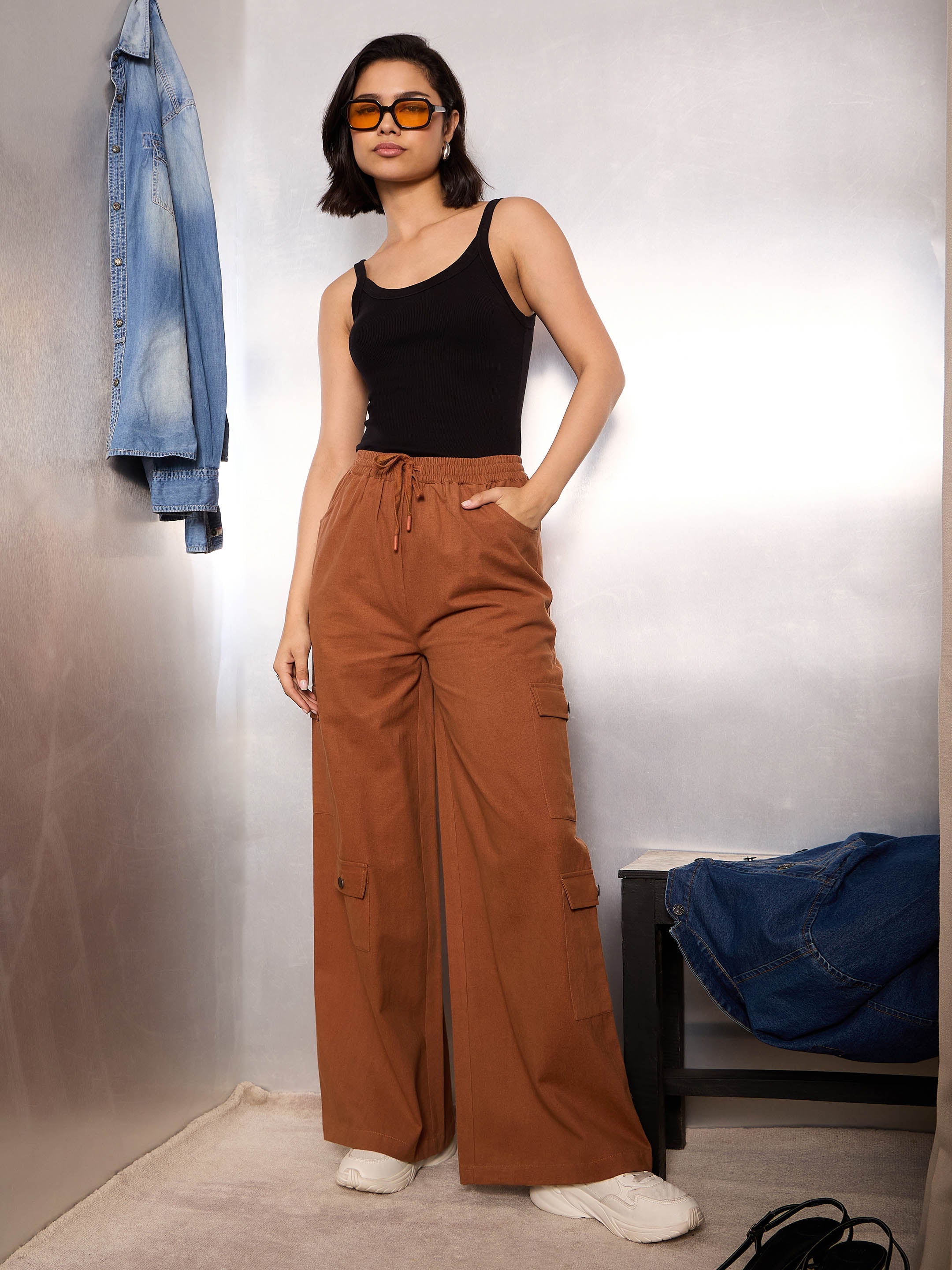 Women Dark Brown Twill Drawstring Cargo Pants-SFPANT51241