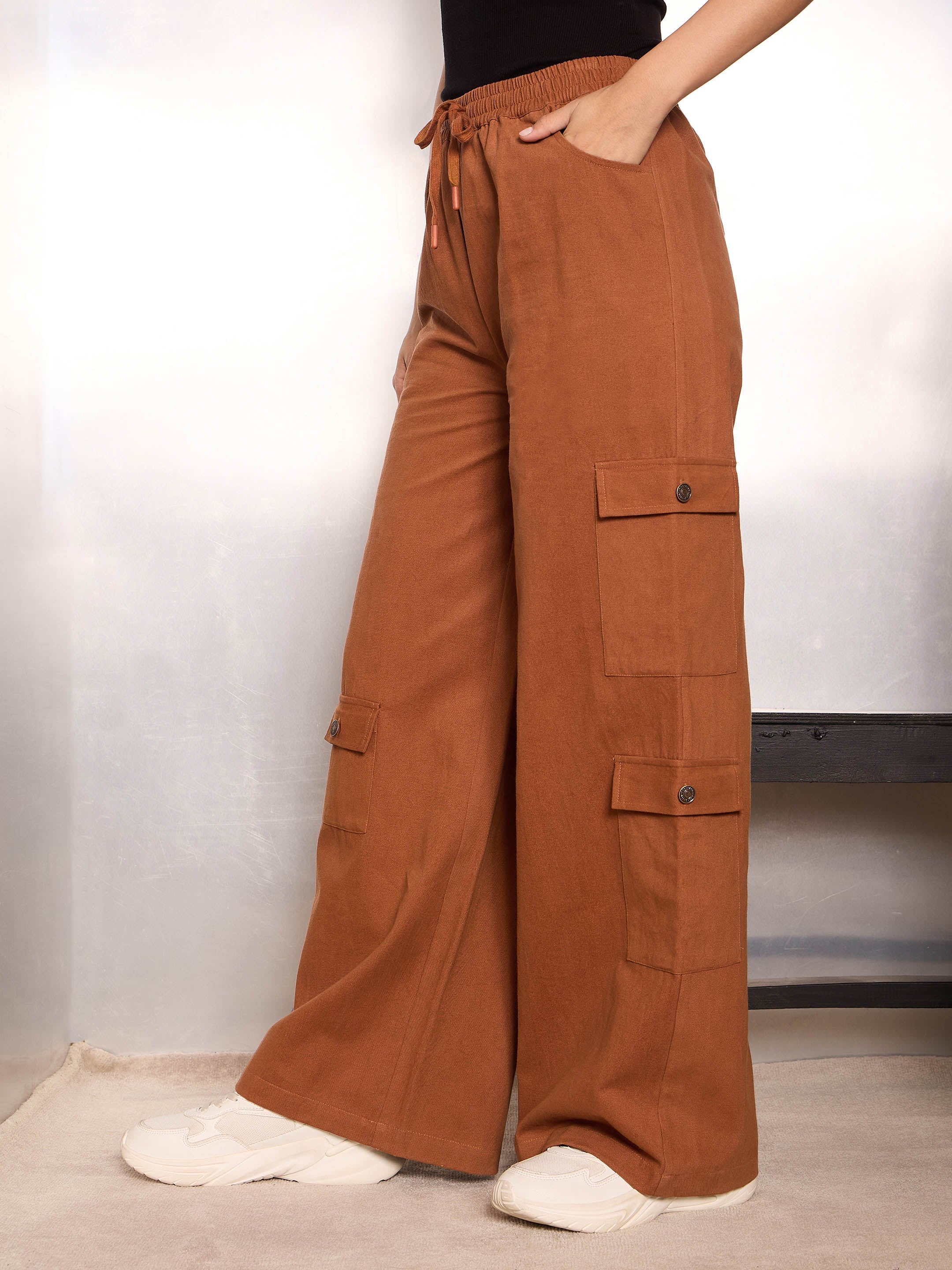 Women Dark Brown Twill Drawstring Cargo Pants-SFPANT51241