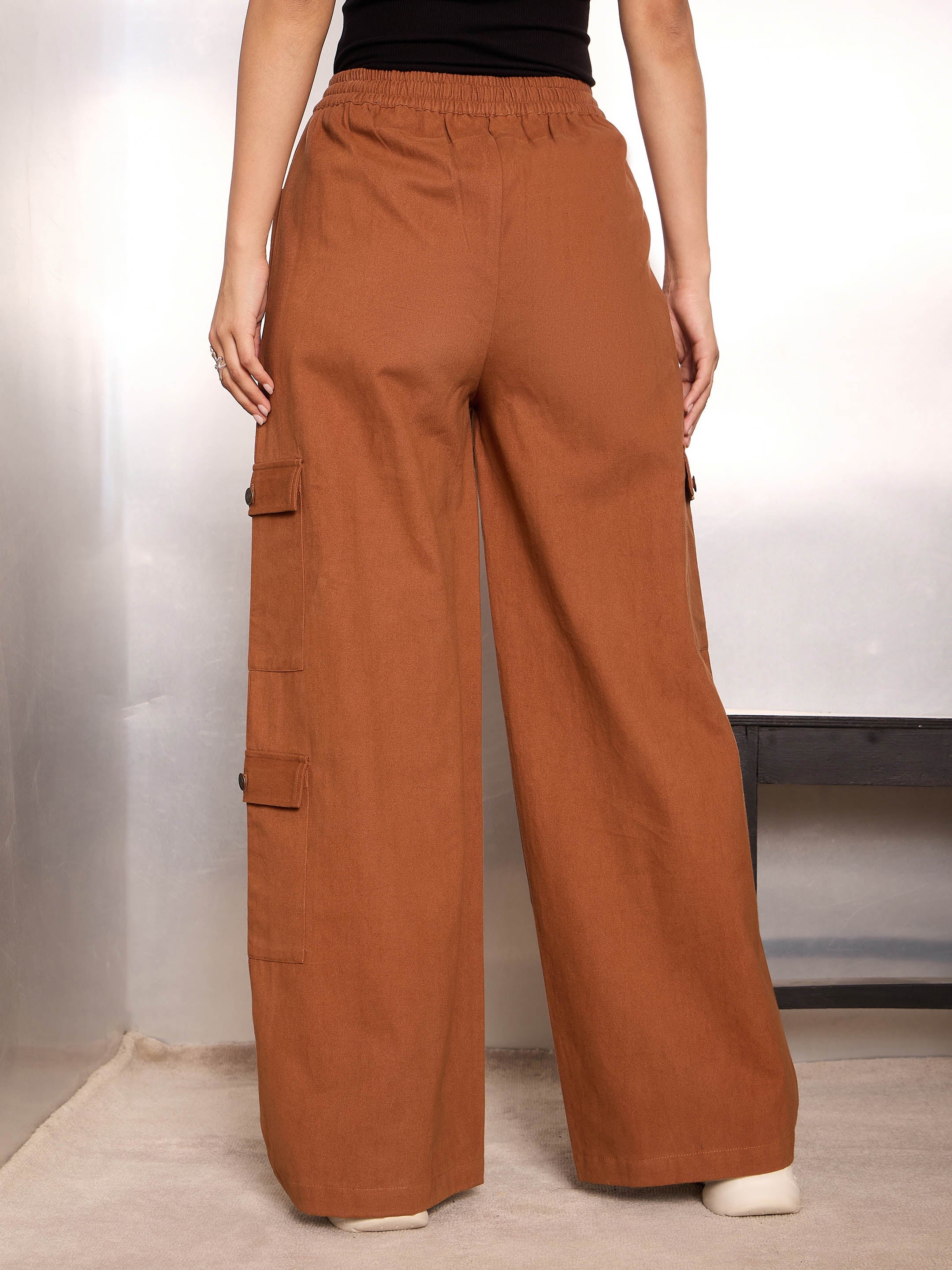 Women Dark Brown Twill Drawstring Cargo Pants-SFPANT51241