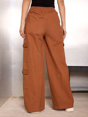Women Dark Brown Twill Drawstring Cargo Pants-SFPANT51241