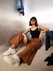 Women Dark Brown Twill Drawstring Cargo Pants-SFPANT51241