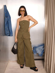 Women Olive Twill Drawstring Cargo Pants-SFPANT51242