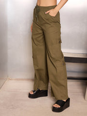 Women Olive Twill Drawstring Cargo Pants-SFPANT51242