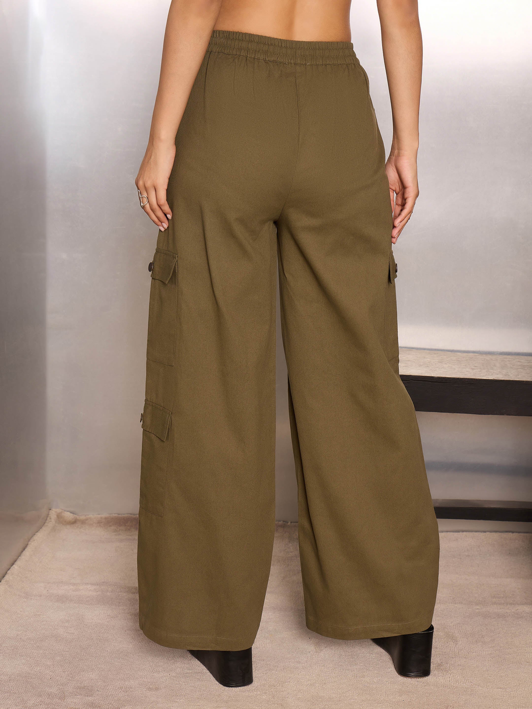 Women Olive Twill Drawstring Cargo Pants-SFPANT51242