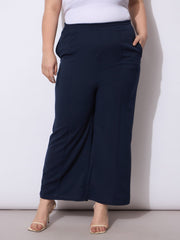 Women Navy Front Seam Elasticated Straight Pants-SFPANT51247
