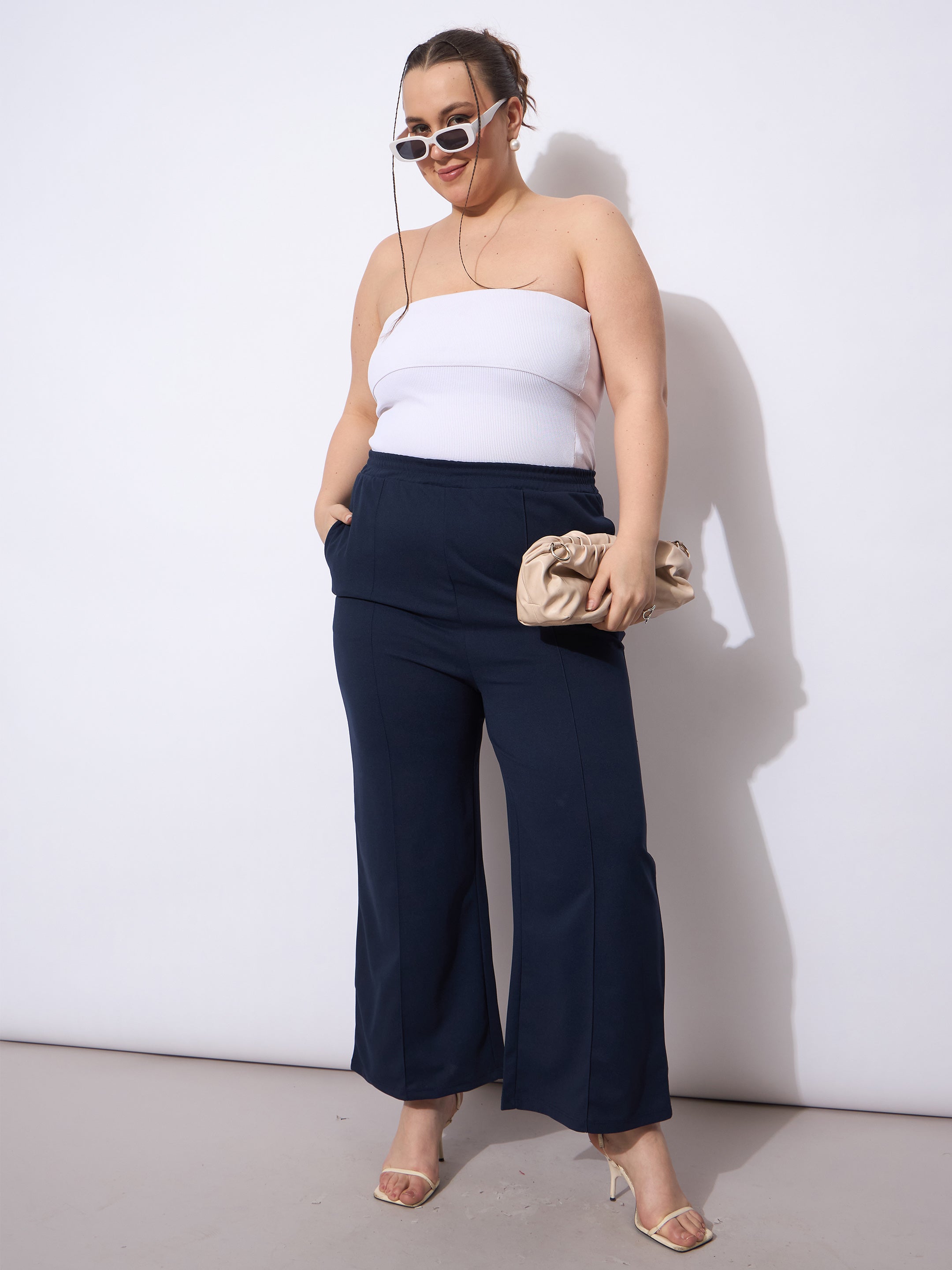 Women Navy Front Seam Elasticated Straight Pants-SFPANT51247
