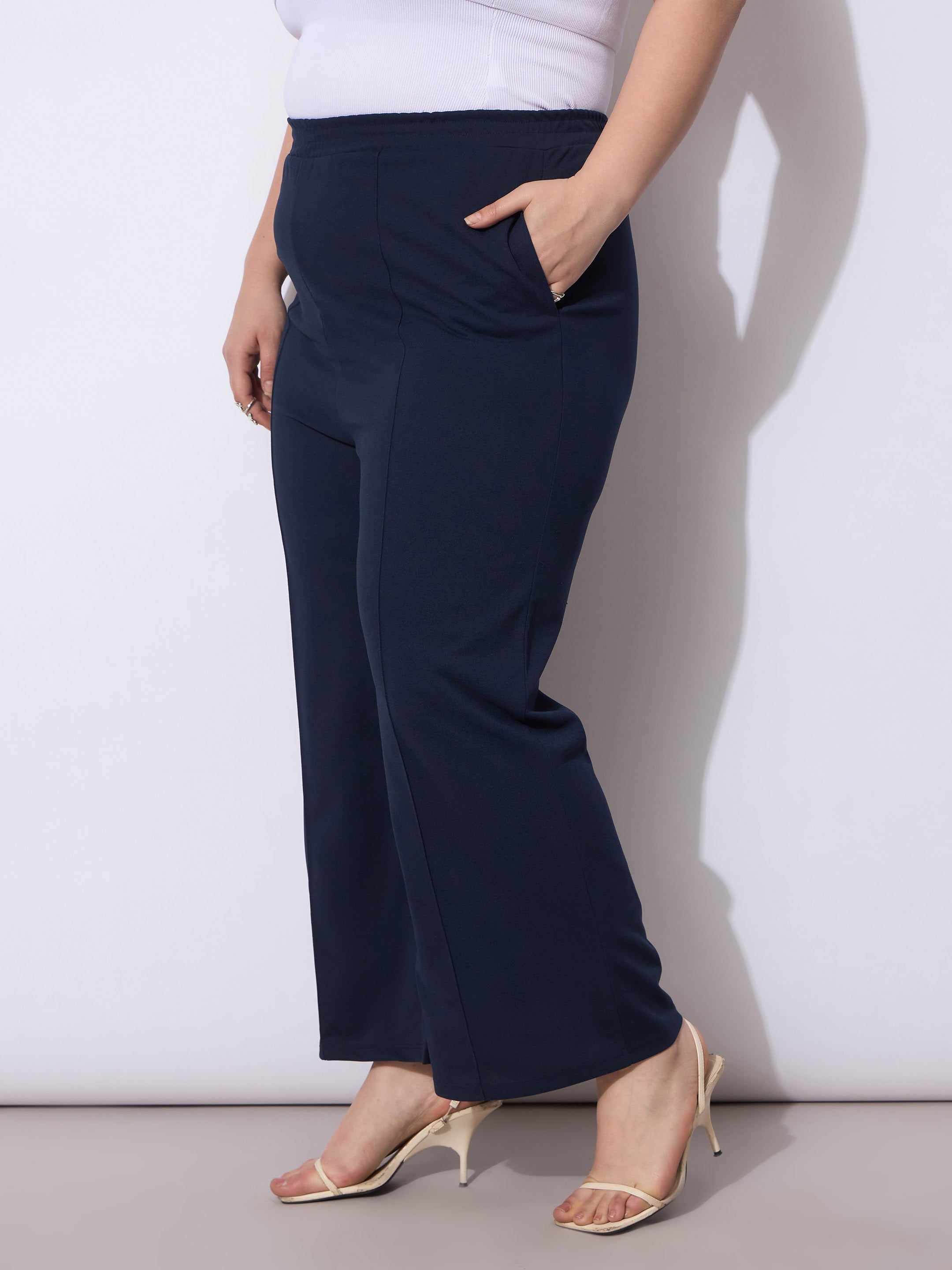 Women Navy Front Seam Elasticated Straight Pants-SFPANT51247