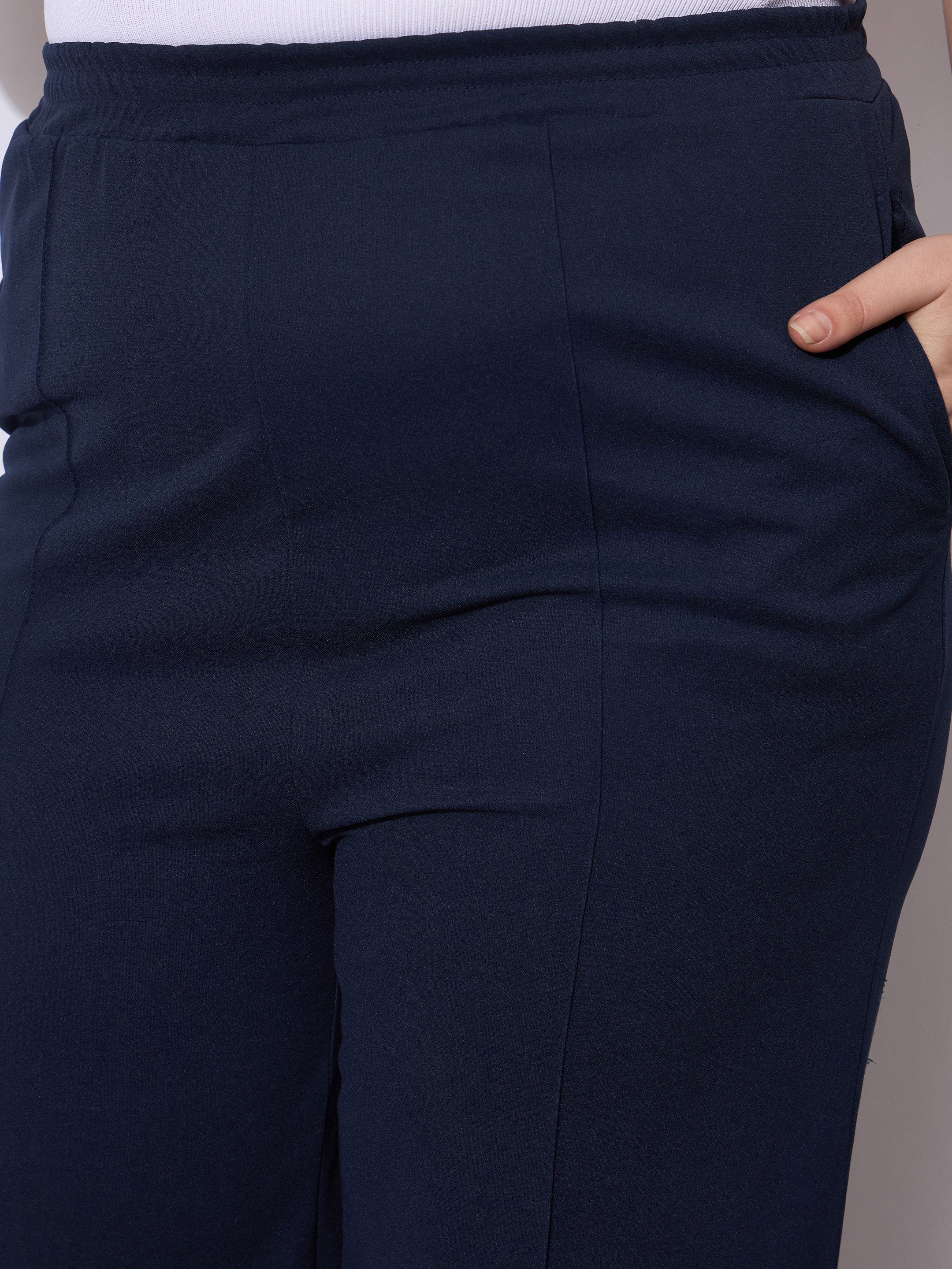 Women Navy Front Seam Elasticated Straight Pants-SFPANT51247