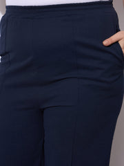 Women Navy Front Seam Elasticated Straight Pants-SFPANT51247