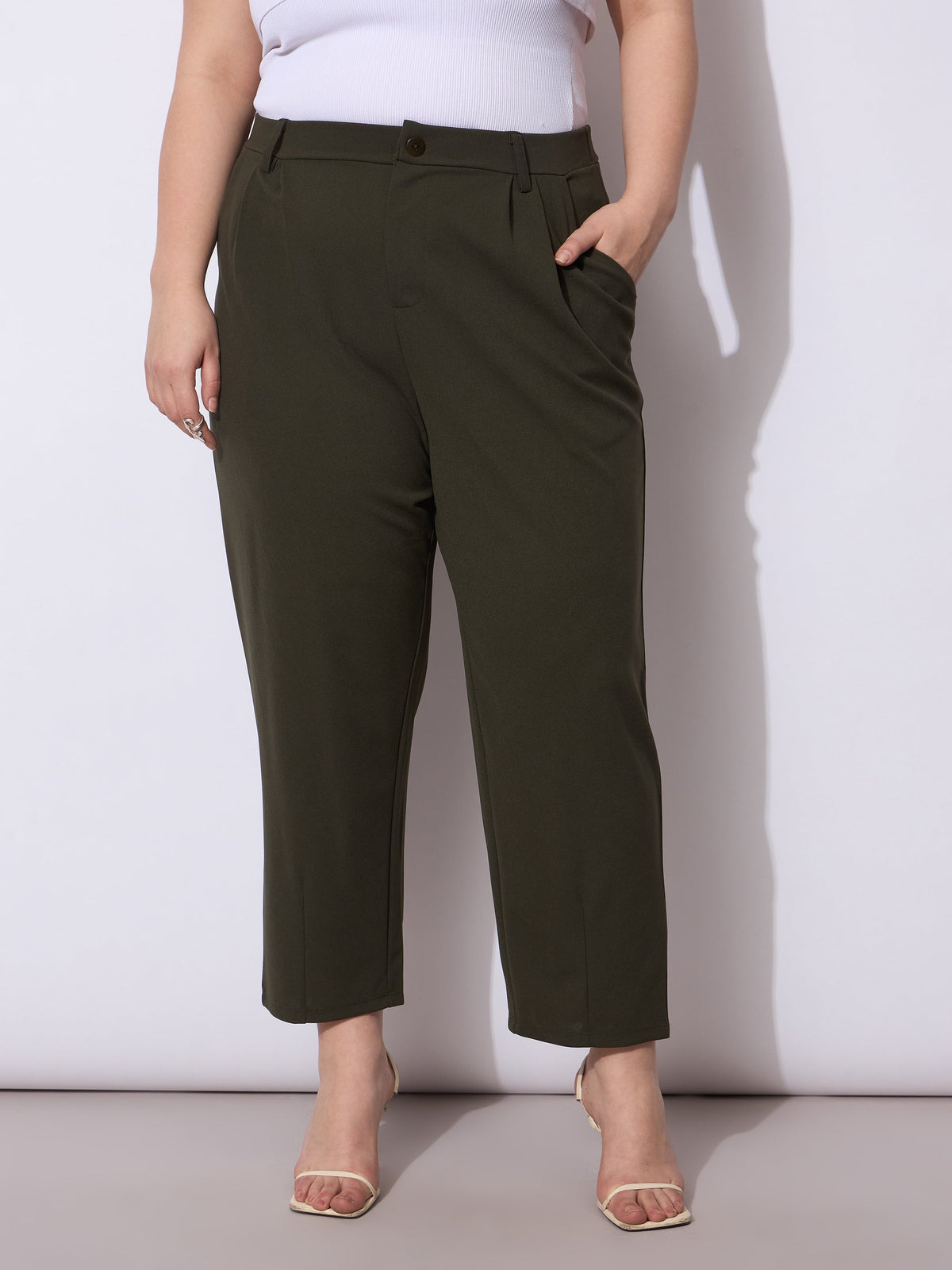 Women Olive Front Pleated Mom Fit Pants-SFPANT51248
