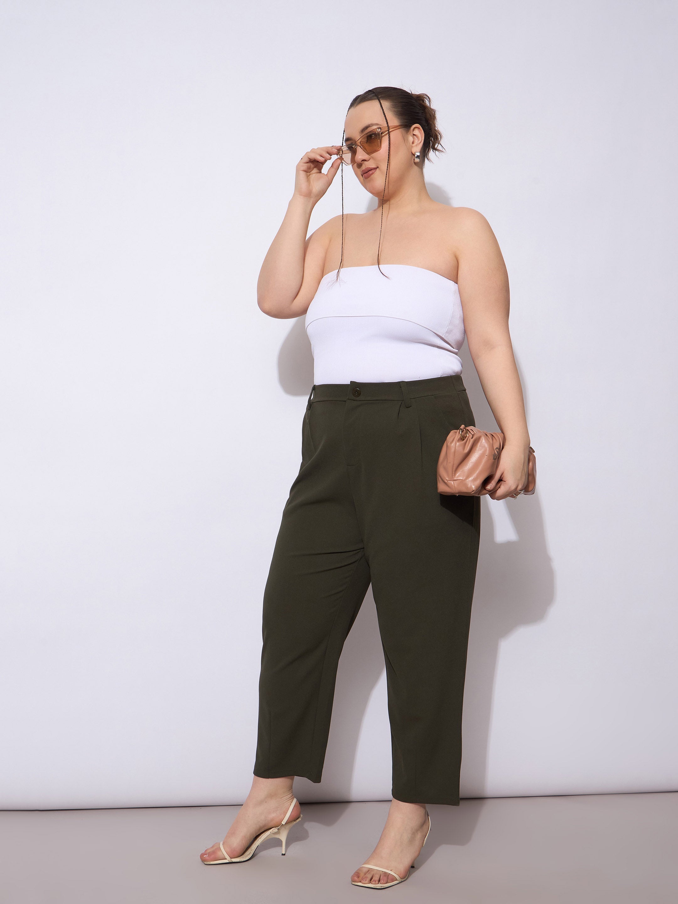 Women Olive Front Pleated Mom Fit Pants-SFPANT51248