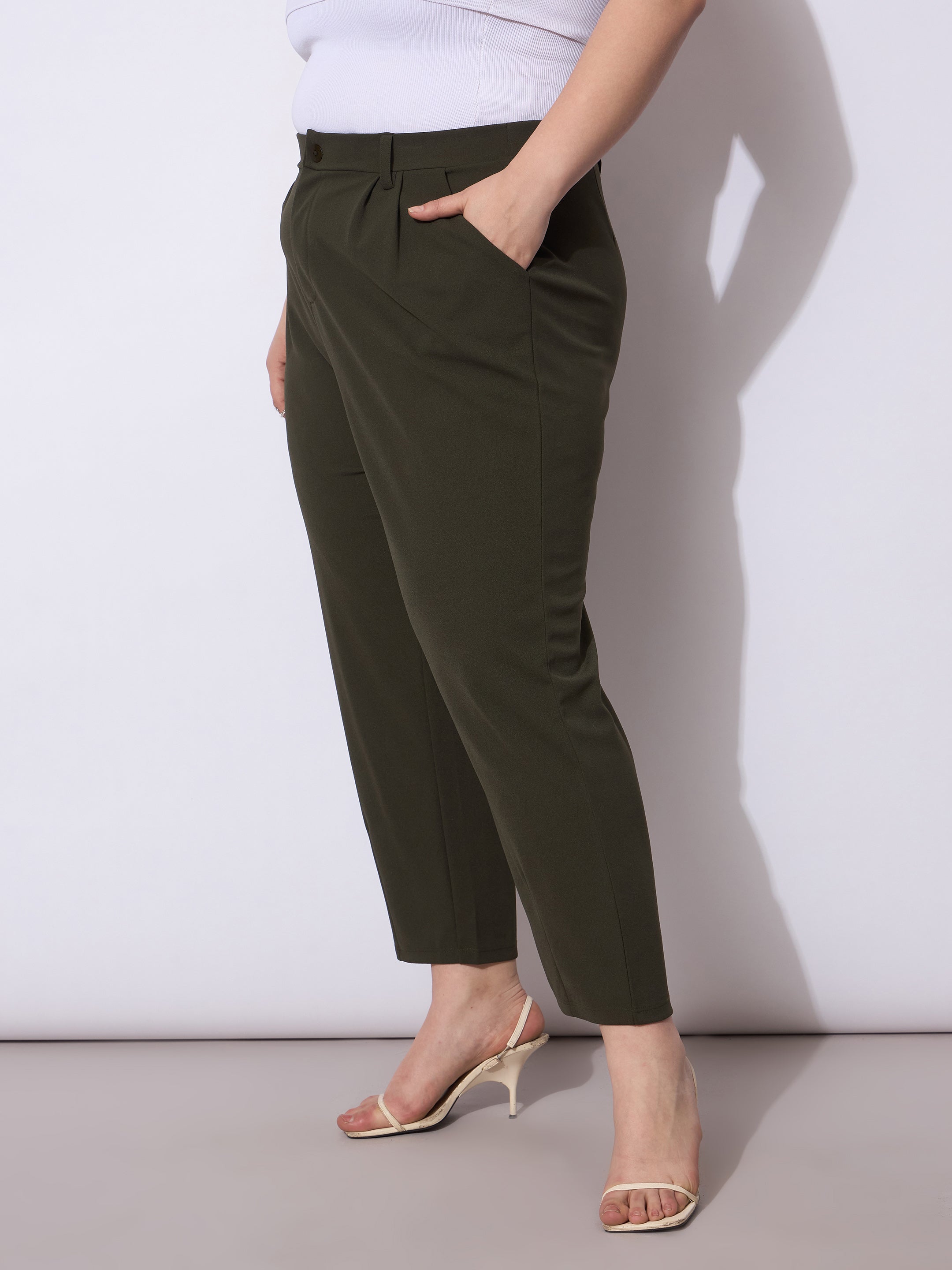 Women Olive Front Pleated Mom Fit Pants-SFPANT51248