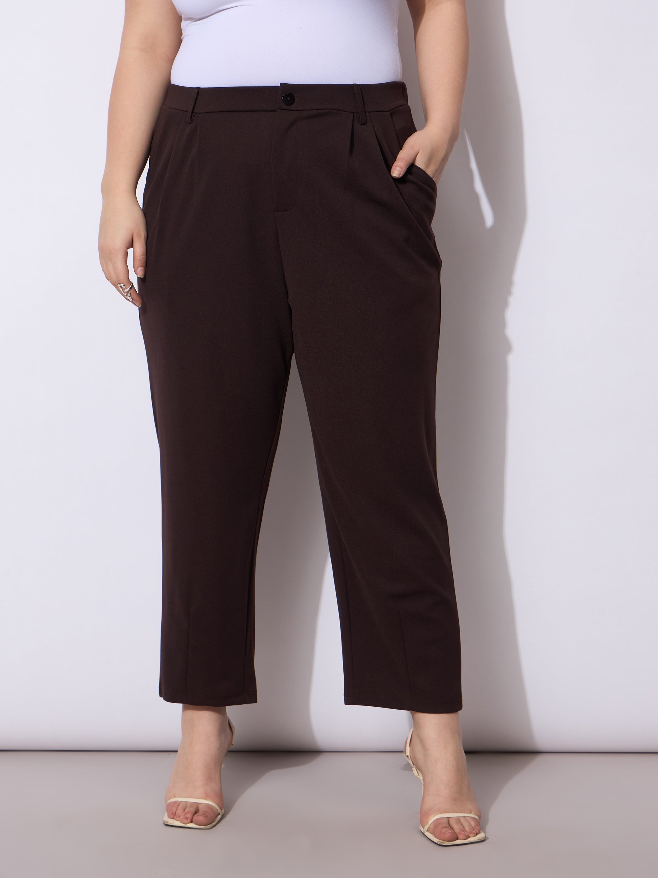 Women Dark Brown Front Pleated Mom Fit Pants-SFPANT51249