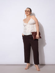 Women Dark Brown Front Pleated Mom Fit Pants-SFPANT51249