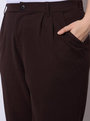 Women Dark Brown Front Pleated Mom Fit Pants-SFPANT51249
