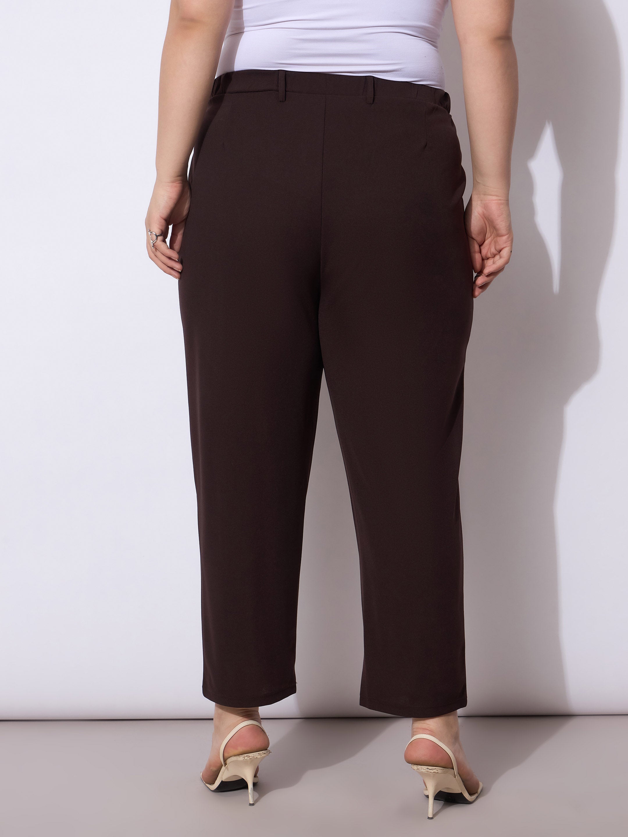 Women Dark Brown Front Pleated Mom Fit Pants-SFPANT51249