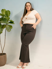 Women Dark Brown Flared Bell Bottom Pants-SFPANT51252