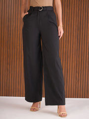 Women Black Front Pleated Straight Fit Pants-SFPANT51261