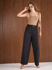 Women Black Front Pleated Straight Fit Pants-SFPANT51261