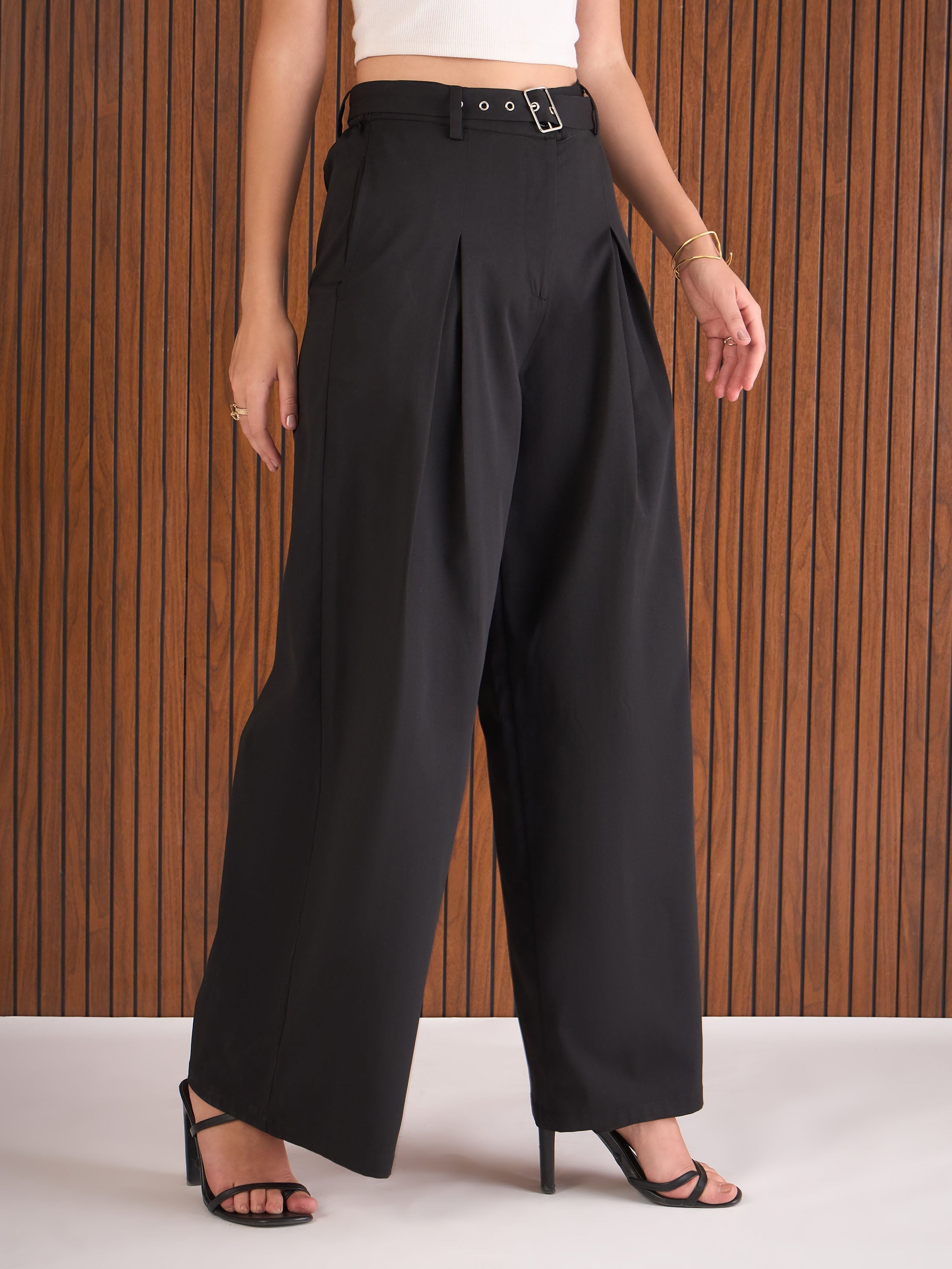 Women Black High Rise Flared Pants-SFPANT51264