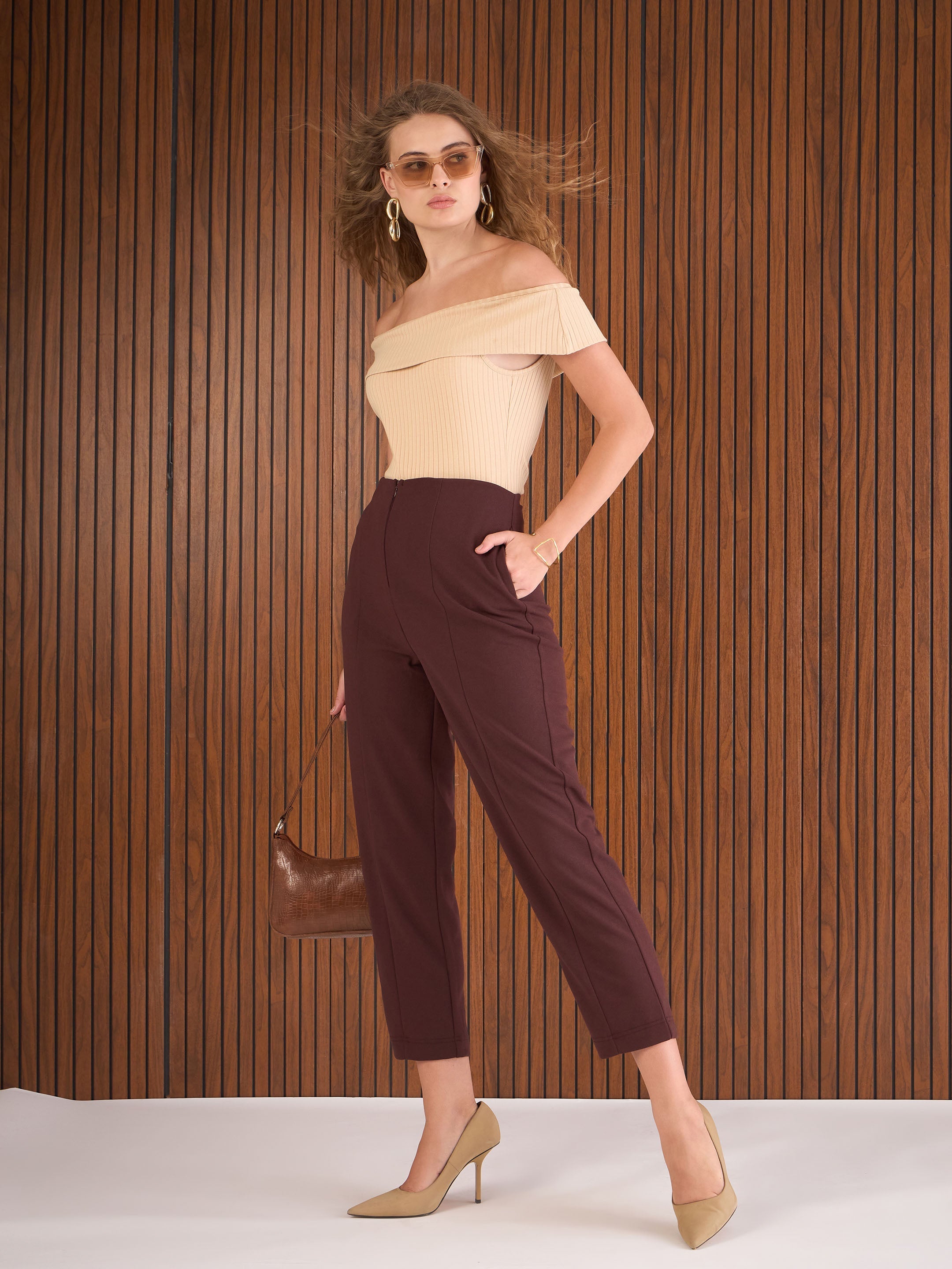 Women Burgundy Front Darted High Waisted Pants-SFPANT51267
