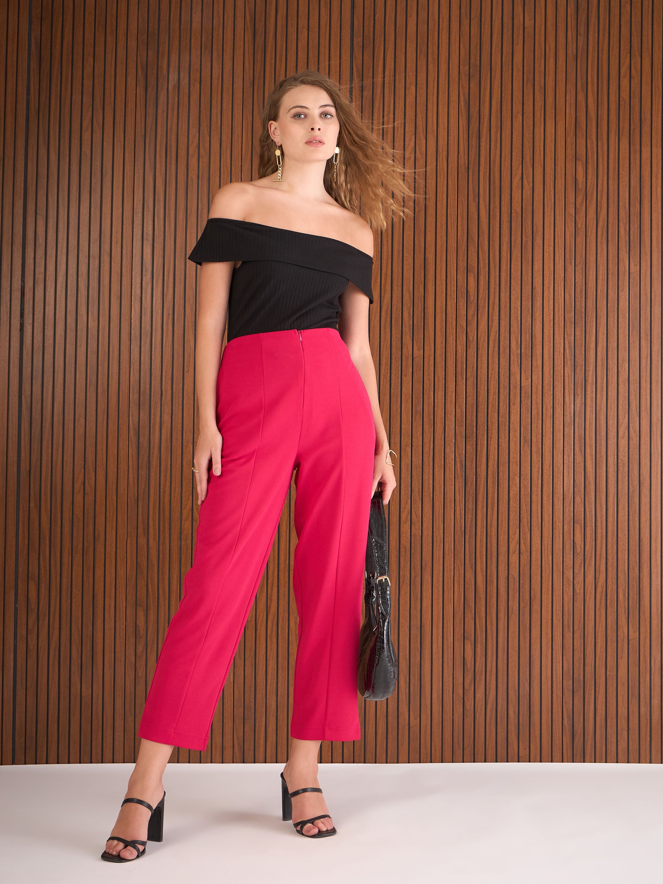 Women Fuchsia Front Darted High Waisted Pants-SFPANT51269