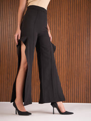 Women Black Side Slit Straight Fit Pants-SFPANT51273