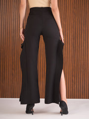 Women Black Side Slit Straight Fit Pants-SFPANT51273