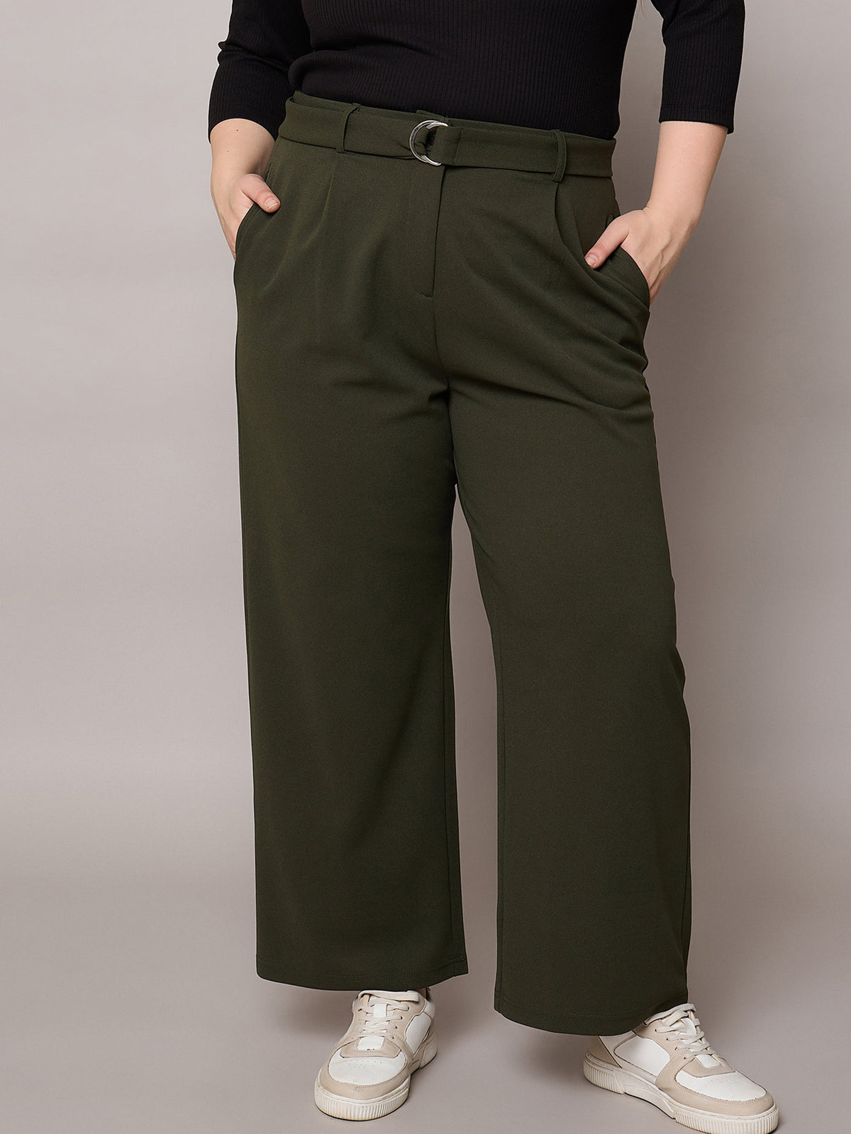 Women Olive Straight Belted Pants-SFPANT51276