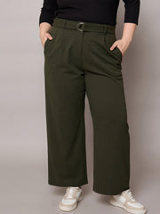 Women Olive Straight Belted Pants-SFPANT51276