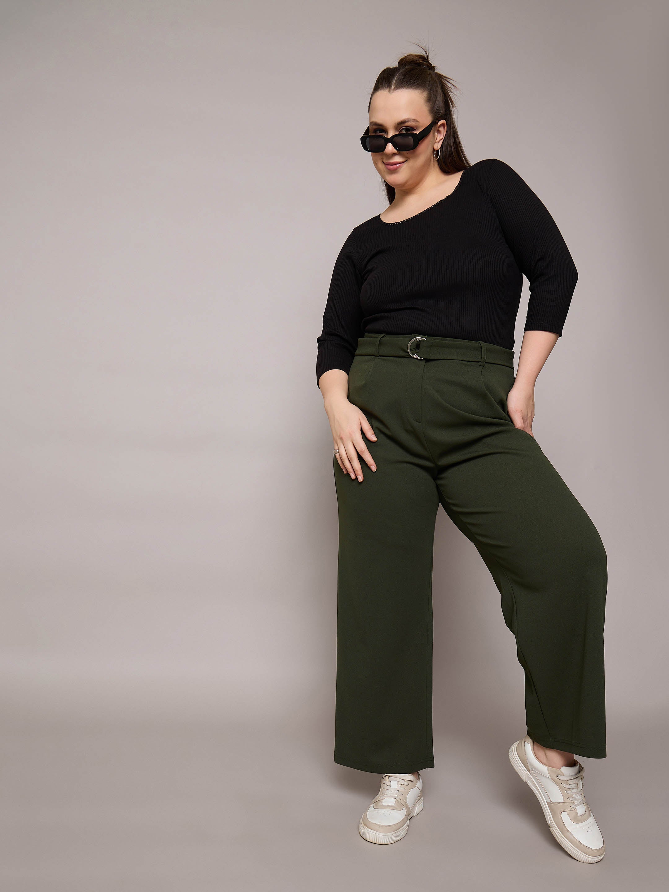 Women Olive Straight Belted Pants-SFPANT51276