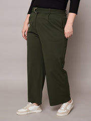 Women Olive Straight Belted Pants-SFPANT51276