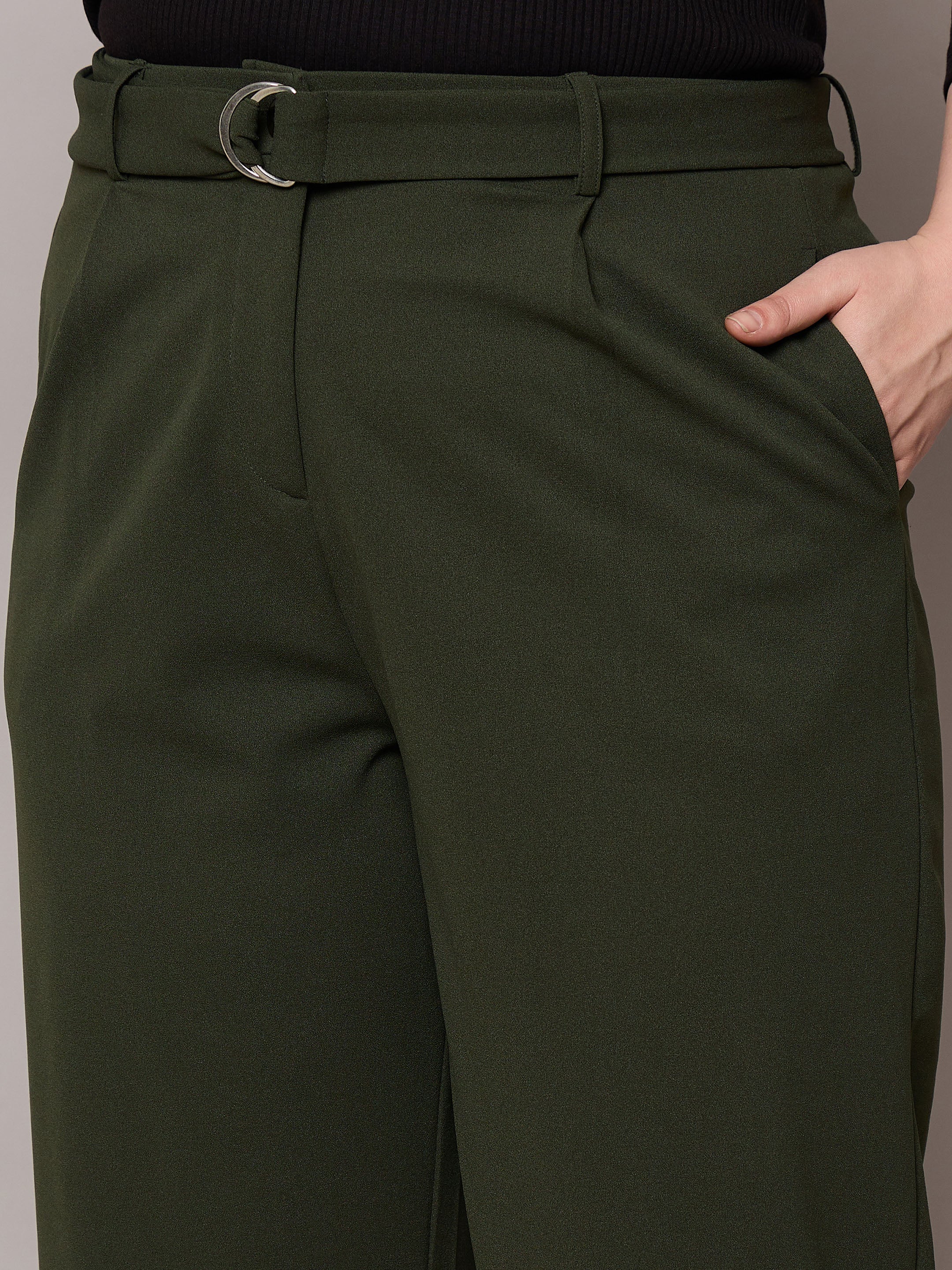 Women Olive Straight Belted Pants-SFPANT51276